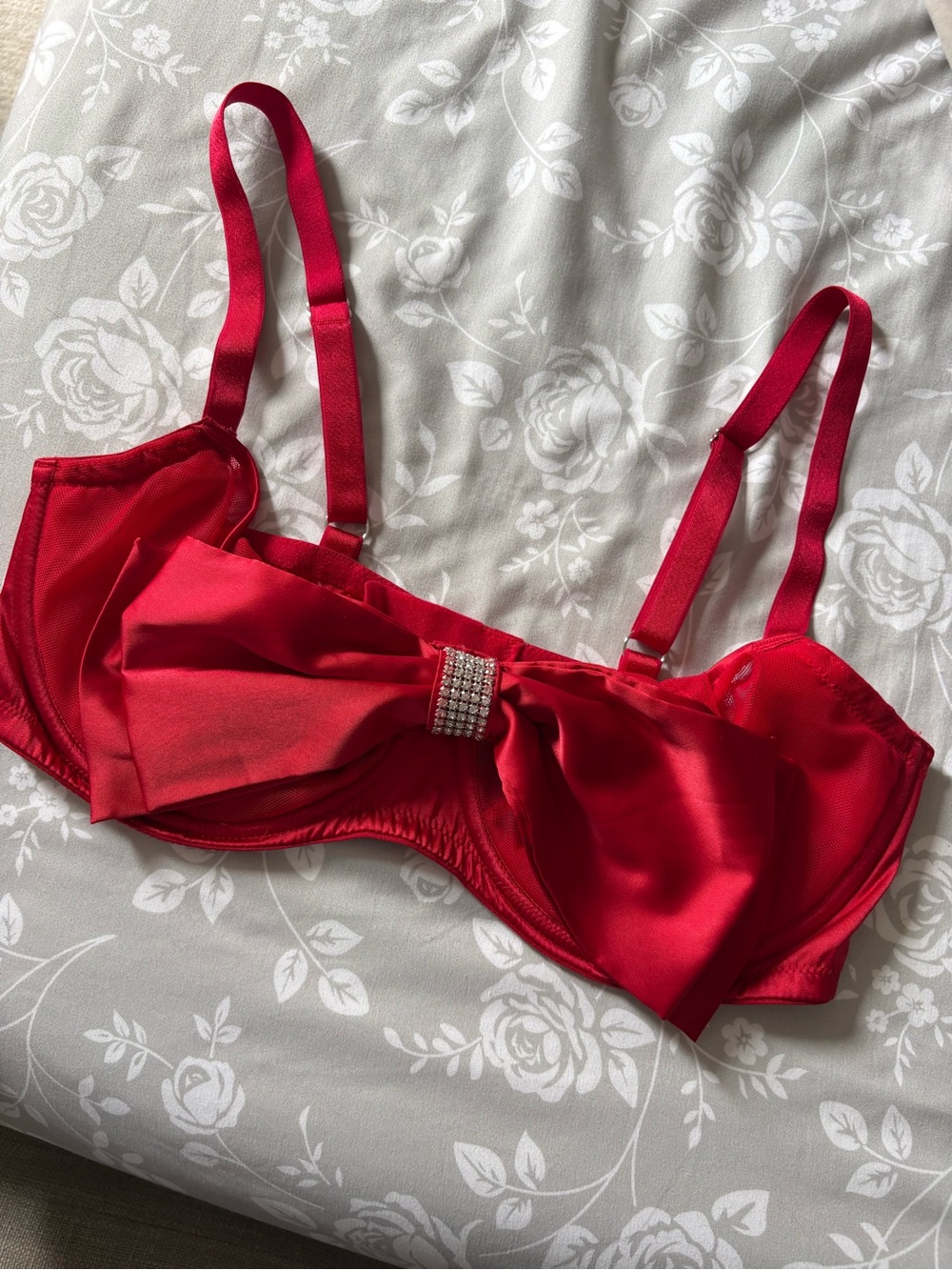 Victoria's Secret Red Satin Bow Bra with Rhinestone Center